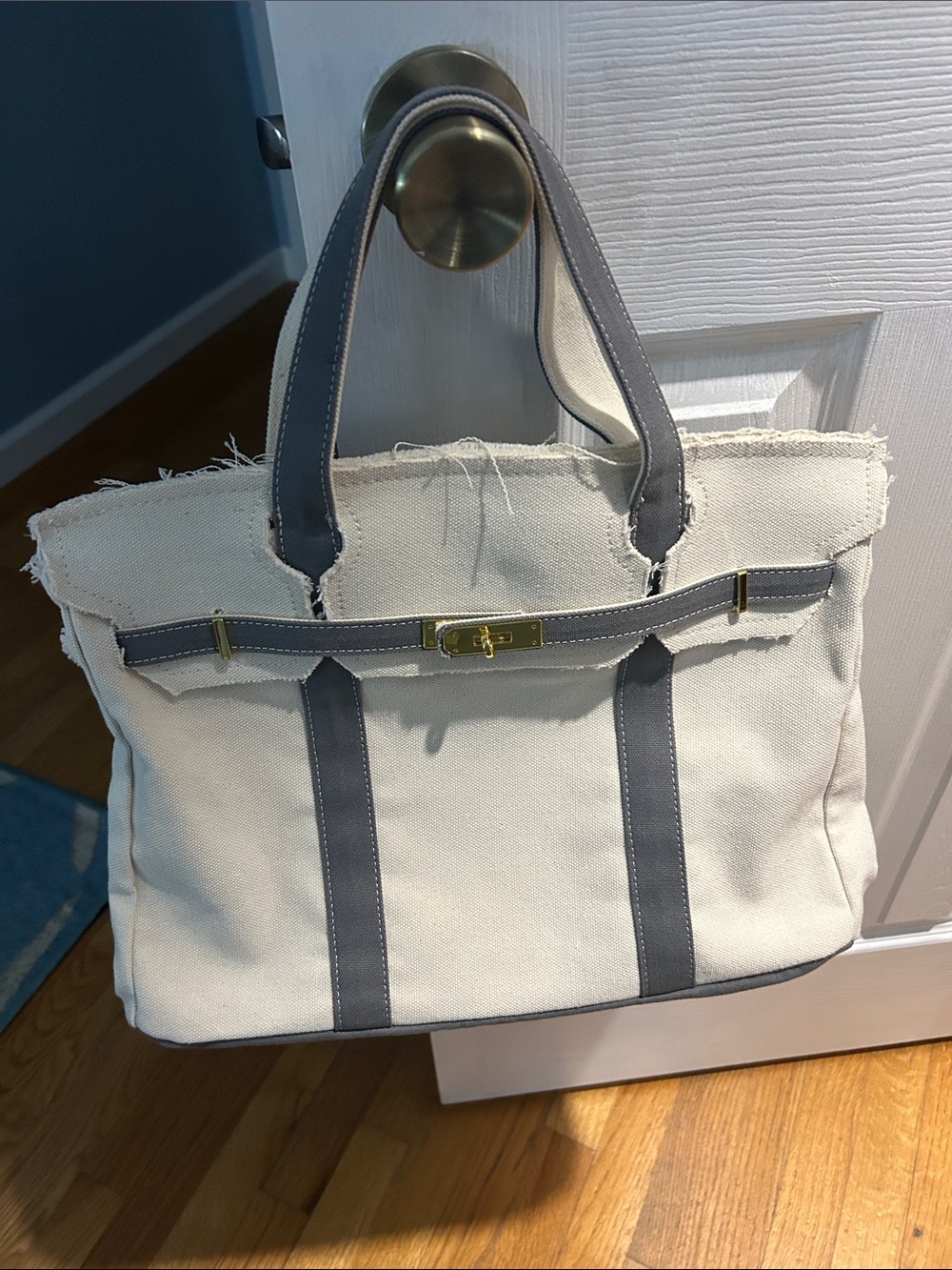 Canvas Tote with Gray Trim and Gold Hardware